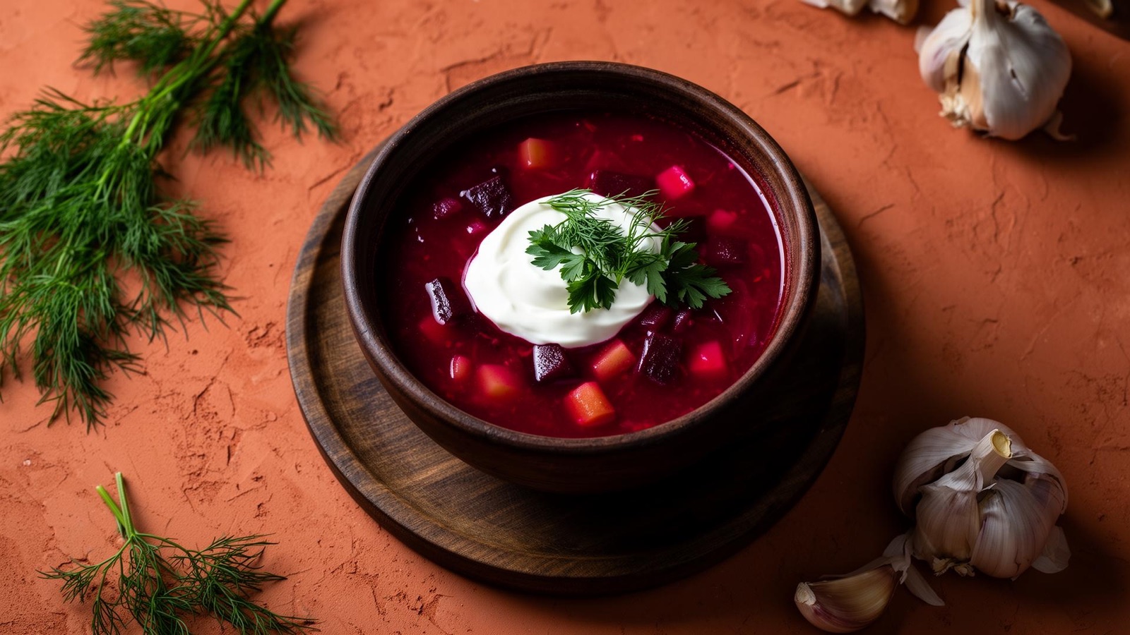 Traditional Ukrainian borsch — ruby-red beet soup with sour cream and dill in a rustic wooden bowl